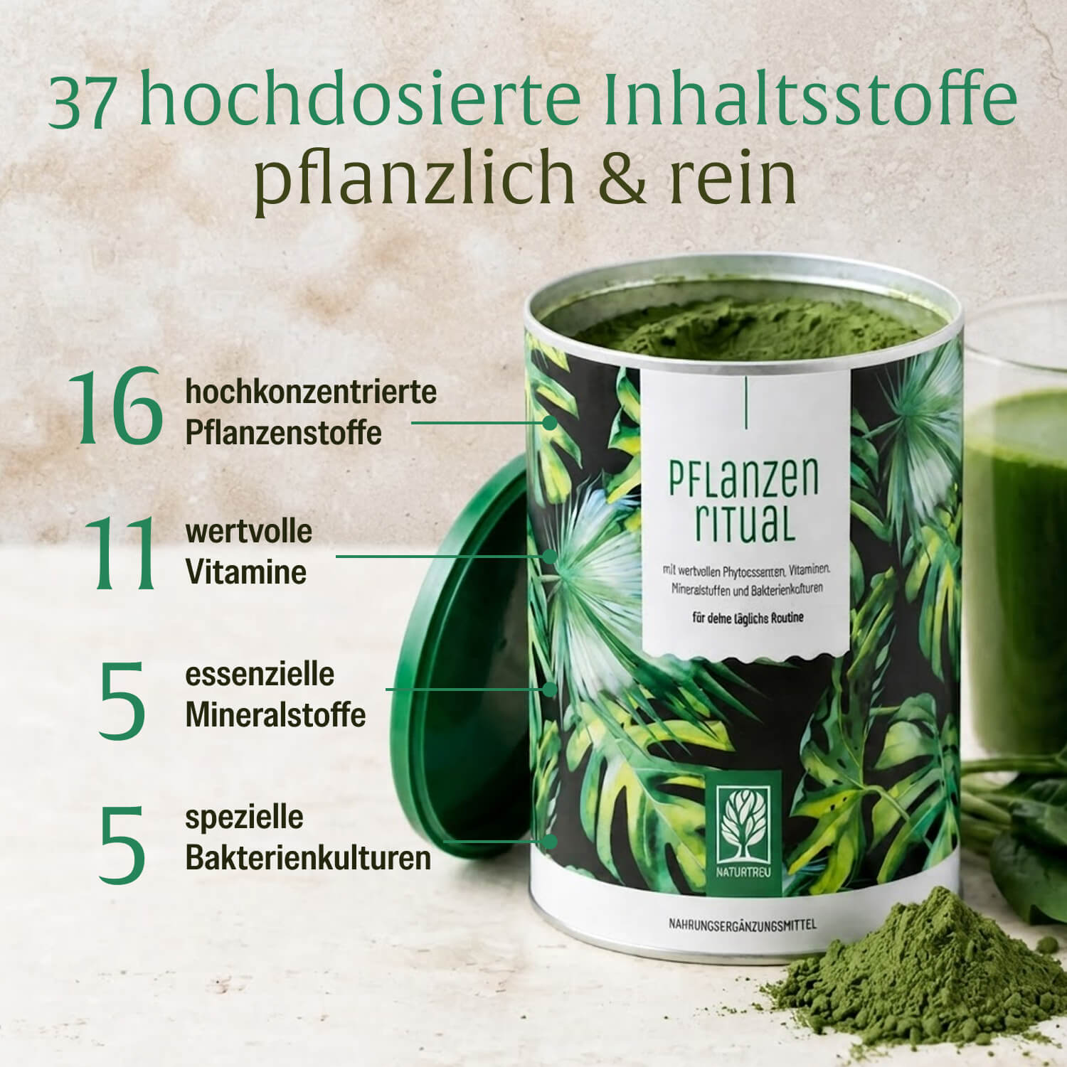 Infografik mit über 35 hochwertigen Inhaltsstoffen des Pflanzenritual Pulvers